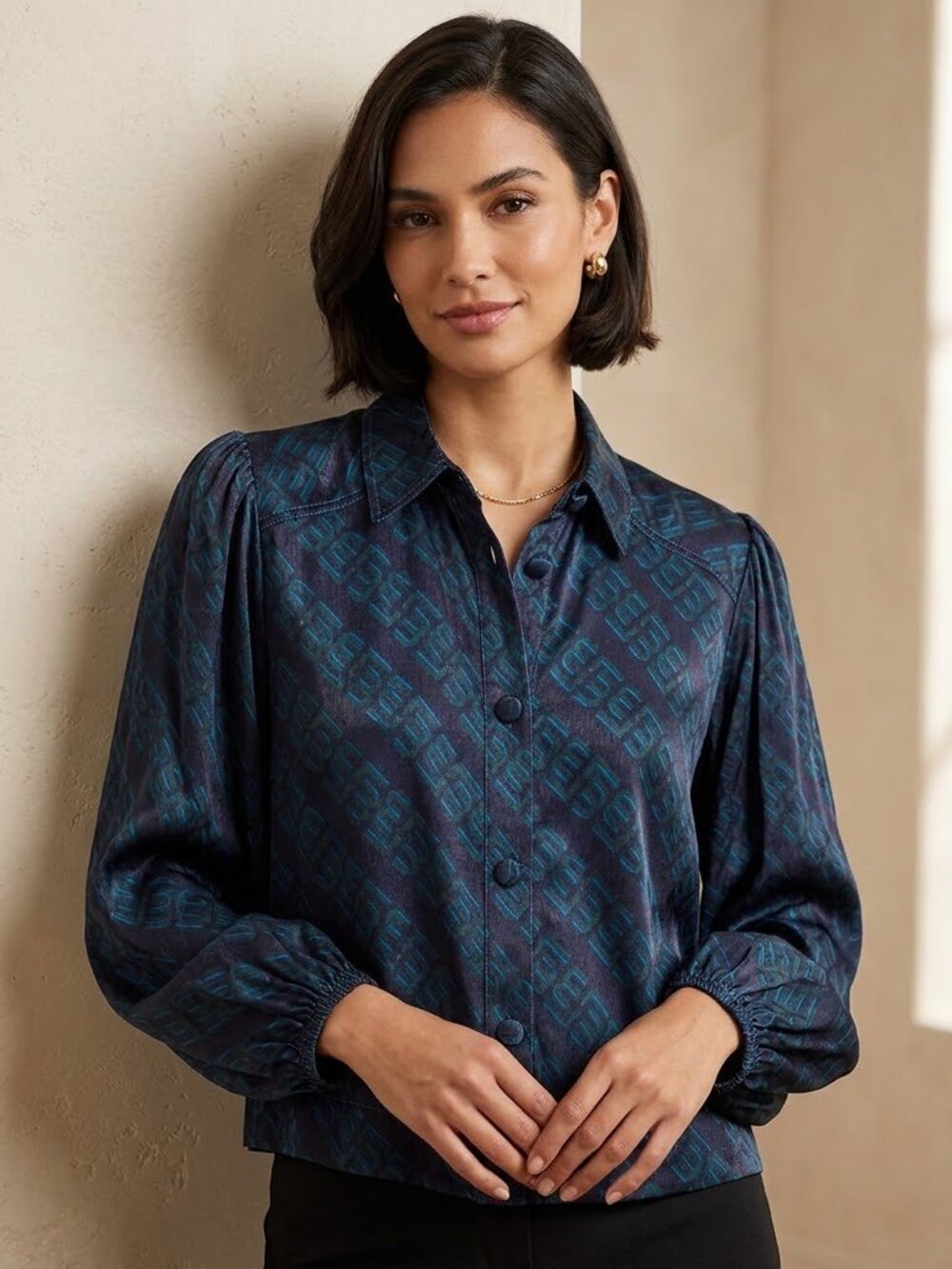 Blue Puff Sleeve Blouse with Notched Collar